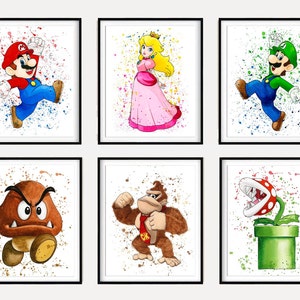 Set 6 Mario watercolor print, supermario poster for nursery room