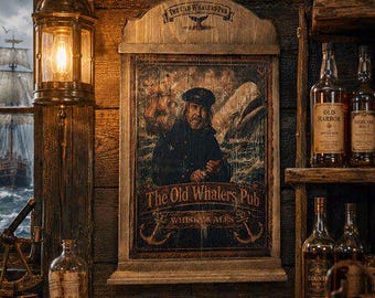 May include: A rectangular wooden wall sign featuring a weathered illustration of a sea captain, a whale, and a ship. The text reads The Old Whalers Pub and Whisky & Ales. The sign is mounted on a dark wood wall next to a brass lantern and shelves.