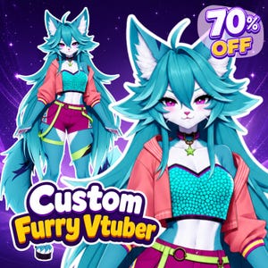 Pode incluir: Uma ilustração digital de um personagem antropomórfico de pelo azul-petróleo com cabelo comprido, olhos cor-de-rosa e um pendente de estrela. O personagem usa um top curto texturizado azul-petróleo, um casaco rosa e calções magenta. Texto 70% OFF e Custom Furry Vtuber.