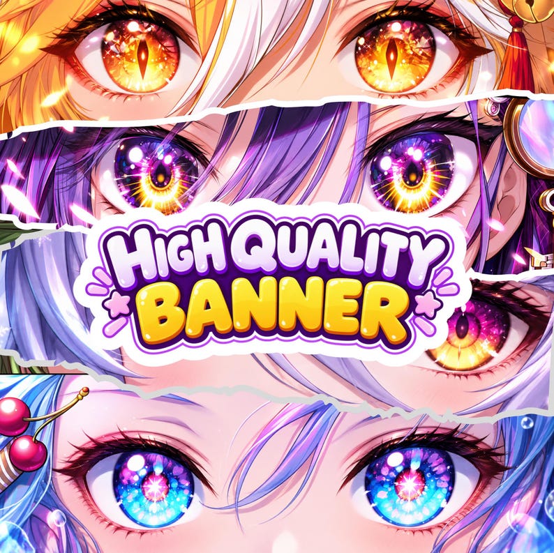 Custom anime eye banner featuring a beautiful sparkly eye design with colorful details and personalized character artwork. Custom eye banner for Twitter/X, YouTube, Twitch, and Discord profiles. High-quality digital anime illustration with unique colors and expressive eyes, perfect for anime lovers, VTubers, streamers, and content creators. Commercial use included.