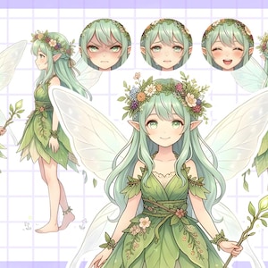 Puede incluir: Ilustración de un hada con cabello verde, un vestido con forma de hoja y alas grandes y translúcidas. El hada está adornada con una corona floral y sostiene un bastón. Se muestran expresiones faciales adicionales. Una pancarta morada muestra "70% OFF".