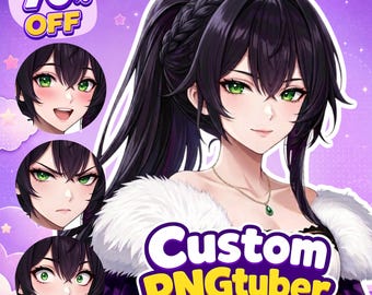 May include: A digital illustration of an anime-style character with dark hair in a ponytail, green eyes, and a white fur-trimmed purple outfit. The image includes three smaller circular facial expressions and the text 70% OFF and Custom PNGtuber.