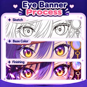 以下が含まれることがあります： Eye Banner Processと題されたインフォグラフィックで、デジタルアート制作の3つの段階を示しています。上段は白黒の線画スケッチ、中段はベースカラー、下段は完成したアートワークが表示されています。