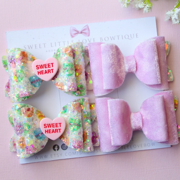 Glitter Conversation Hearts Pigtail Set, Heart Pigtails, Valentine's Day Pigtail Bows, Toddler Hair clips