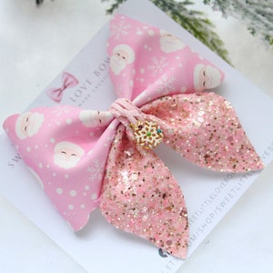 Handmade Pink Christmas Hair Bow: Santa, Snowflake Charm