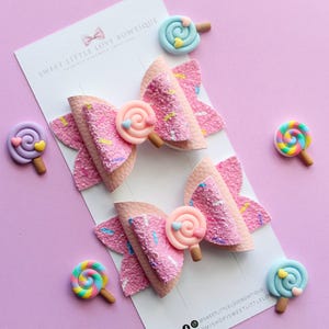 Lollipop Hair Bow Set: Pink Sprinkles Pigtail Clips