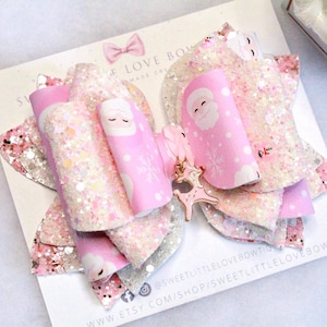 Pink Santa Glitter Hair Bow: Christmas Holiday Hair Clip