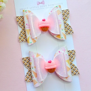 Sweet Ice Cream Pigtail Bows: Handmade 3.5&quot; Summer Hair Bows