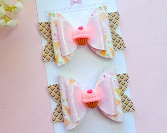 Sweet Ice Cream Pigtail Bows: Handmade 3.5" Summer Hair Bows
