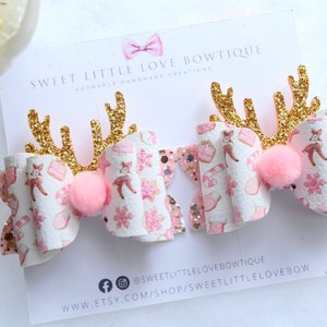 Reindeer pigtails bows, christmas pigtails, toddler piggies, pink hair clips