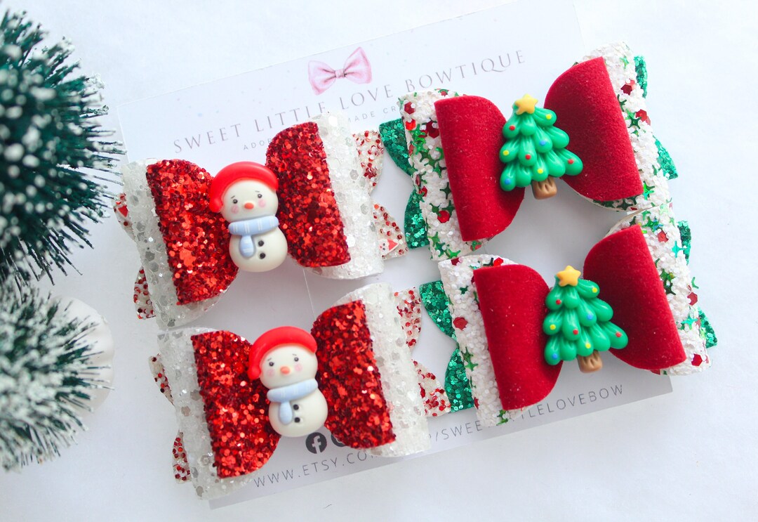 2.5 Christmas Inspired Pigtail Bow Set, Snow Man Hair Clips, Christmas