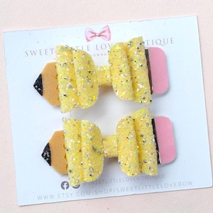 Colorful Pencil Pigtail Hair Bows: Back to School Clips, Handmade Set