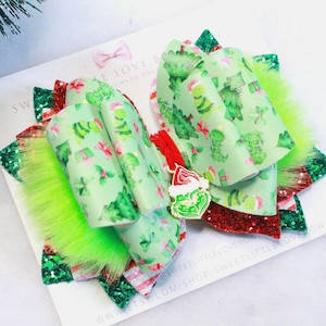 Handmade Grinch Fur Hair Bow: Holiday Green Hair Clip