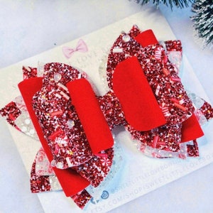 Rote Weihnachts Haarschleife, chunky Glitzer Haarschleife, Schleife Schleife, Zuckerstangen Clip, Weihnachtsmann Haarclip