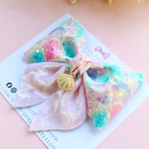 Pink and Blue Mermaid Inspired Hair Bow, Rainbow Hair Clip, Mermaid Bow, Mermaid Hair Accessories, Mermaid Theme, Rainbow mermaid Hair Bow main image 1