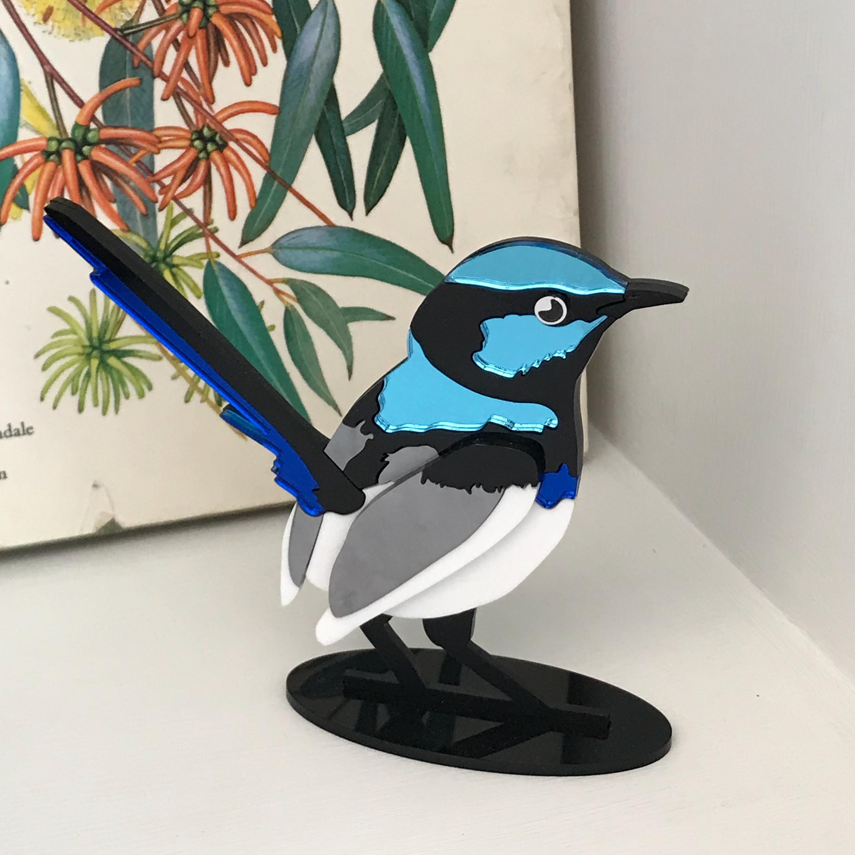 Blue Fairy Wren Pair Ornament – Male & Female Australian Bird Figurine, 10 Cm, Gift & Home Decoration