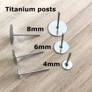 May include: Four titanium earring posts in different sizes: 4mm, 6mm, and 8mm. The posts are silver in colour and have a flat, round base.