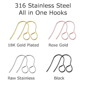 May include: Four pairs of earring hooks in different finishes: 18K gold plated, rose gold, raw stainless steel, and black. 316 Stainless Steel All in One Hooks.