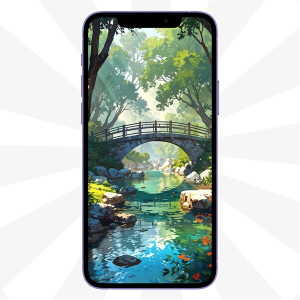 Pretty Anime River with Bridge Phone Wallpaper, Anime River Phone Wallpaper, Anime Wallpaper, Anime Art, Cartoon Art, Cute Phone Wallpaper