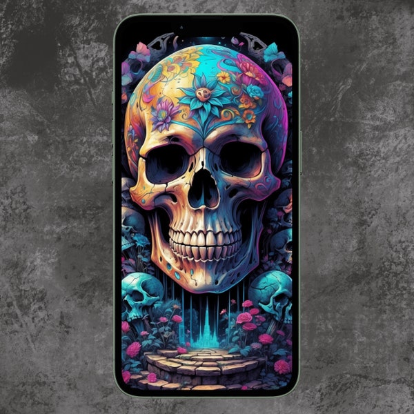 Cool Psychedelic Skull Phone Wallpaper, Skull Wallpaper, Vibrant Skull Wallpaper, Crazy Phone Background, Skull, Trippy Skull Wallpaper