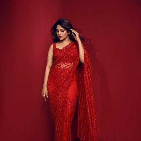 Red Color Net Sequnce Work Saree, Saree for USA Women, Designer Saree, Party Wear Saree, Wedding Wear Saree, Saree Blouse, Sarees, Sari.