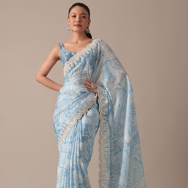 Sky Blue Color Georgette Saree, Saree for USA Women, Saree For Women, Party Wear Saree, Wedding Wear Saree, Saree Blouse, Sarees,Summer sari