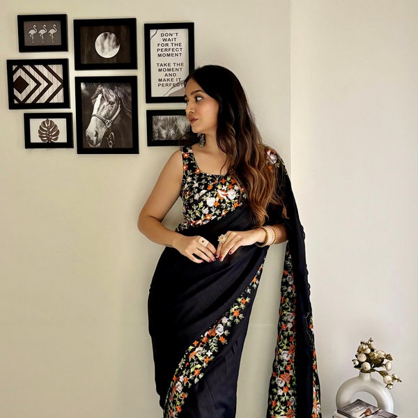 Black Georgette Sequnce Work Saree, Saree for USA Women, Summer Saree, Party Wear Saree, Wedding Wear Saree, Saree Blouse, Indian Saree.