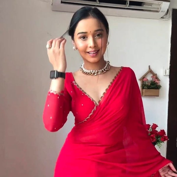 Red Georgette Ready-To-Wear Saree, Saree for USA Women, Party Wear Saree, Wedding Wear Saree, Saree Blouse Pre-stitch Saree, Pre Draped Sari