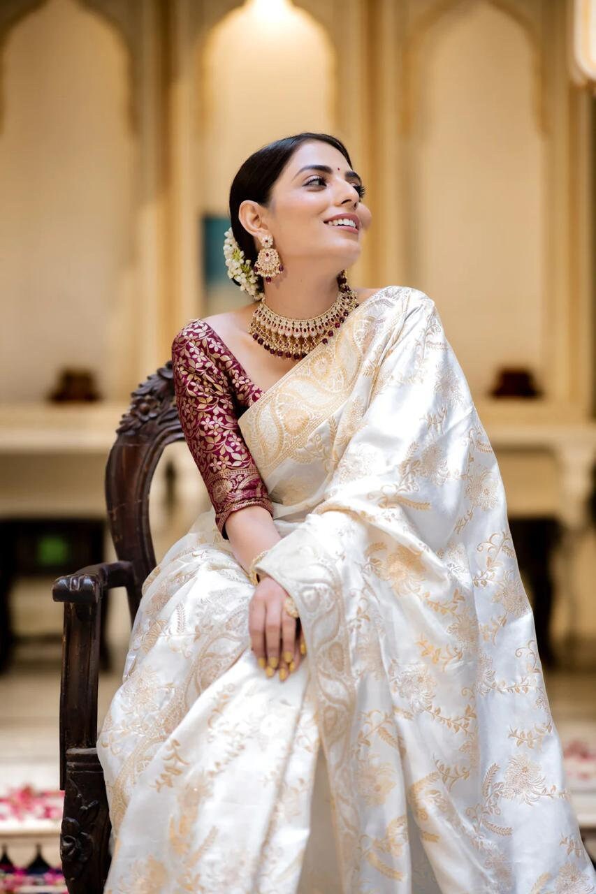 White Banarasi Silk Saree Saree for Women USA Summer Saree Party Saree Indian Wedding Saree Saree Blouse Sari for Women Silk Saree. Etsy Canada