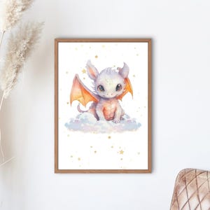Baby Purple Dragon Wall Art - Digital Download | Cute Fantasy Nursery Print | Watercolor Dragon Poster | Kids Room Decor | Starry Night Art