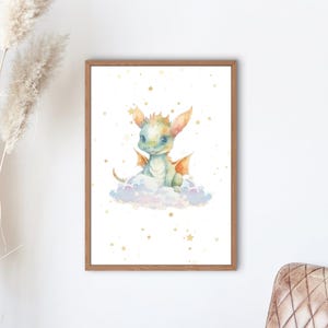 Baby Green Dragon Wall Art - Digital Download | Cute Fantasy Nursery Print | Watercolor Dragon Poster | Kids Room Decor | Starry Night Art