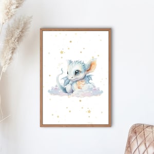 Baby Blue Dragon Wall Art - Digital Download | Cute Fantasy Nursery Print | Watercolor Dragon Poster | Kids Room Decor | Starry Night Art