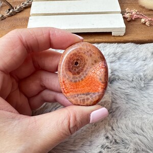 May include: An oval-shaped polished stone featuring a vibrant orange and reddish-brown color palette. The surface displays a distinct crackled texture with a prominent circular eye-like pattern near the top, showcasing natural banding and depth.