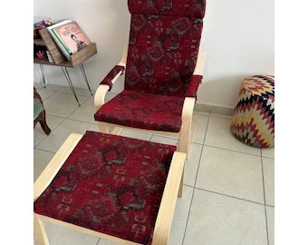 Kilim Designed Poang Armchair Cover Footstool Ottoman Cover Ethnic Pattern Poäng Seat Pads Cover Ikea Poang Slipcover with Armrest Pads