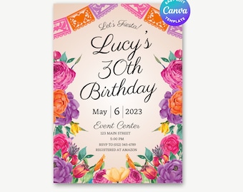 Invitación Let’s Fiesta, Invitación de cumpleaños mexicana, Invitación floral mexicana, Invitación, Instantánea