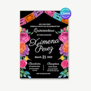 Editable Quince Invitation, Fiesta Quinceanera, Black Mexican Quince Invite, Colorful Quince Invite, Fiesta Invite, Floral Quince Invitation