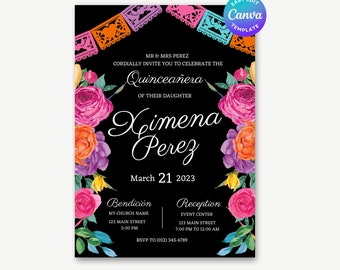 Invitación editable para quinceañeras, fiesta de quinceañeras, invitación negra mexicana para quinceañeras, invitación colorida para quinceañeras, invitación para fiesta, invitación floral para quinceañeras