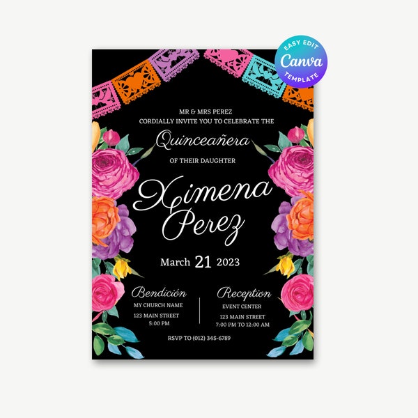 Bewerkbare kweepeer uitnodiging, Fiesta Quinceanera, zwarte Mexicaanse kweepeer uitnodigen, kleurrijke kweepeer uitnodigen, Fiesta uitnodigen, Floral kweepeer uitnodiging