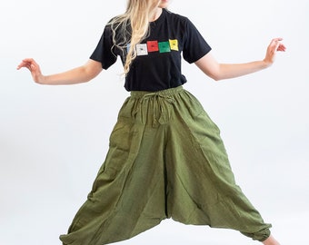 Free Size Green Color Unisex Hippie comfy Traditional Yoga pants - Casual Wear Boho Hippie-Made in Nepal