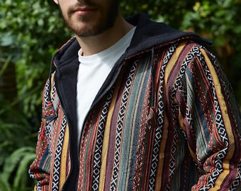 Chaqueta polar hippie Gheri naranja y azul / Tejido tradicional nepalí - Chaquetas hippies hechas a mano éticamente en Himanepal