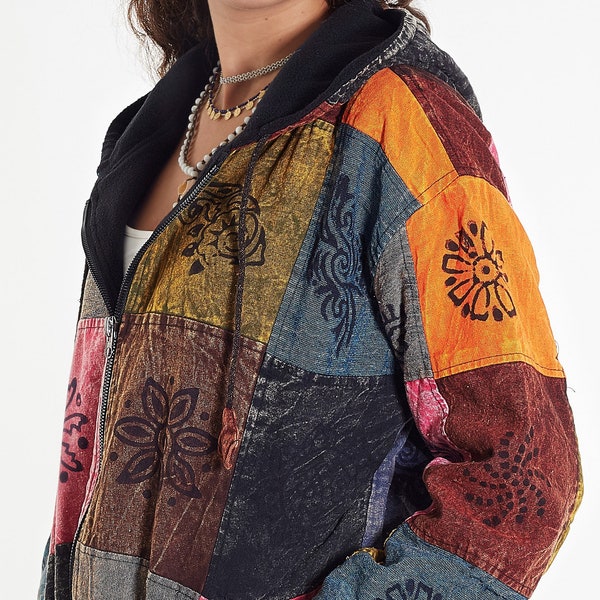Stone Wash Colourful/ Block print patch Jacket/ Boho Hippie/ Nepali Unisex Jacket