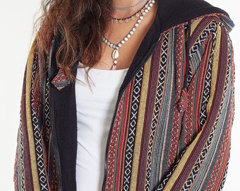 Orange Blue Hippie Gheri Polar Fleece Jacket/ Traditional Nepalese Fabric - Ethically Handmade Hippie Jackets at Himanepal