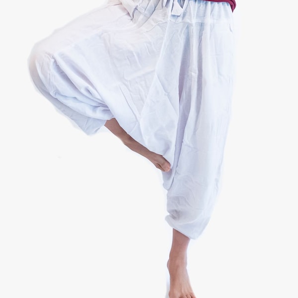 White Simple Harem Cotton Pants - Perfect for Yoga and Comfy - Relax and Chill Pants - Ethically Handmade Hippie Bohemian Genie Style Pants