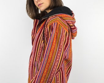 Orange Red Hippie Gheri Polar Fleece Jacket/ Traditional Nepalese Fabric - Ethically Handmade Hippie Jackets at Himanepal