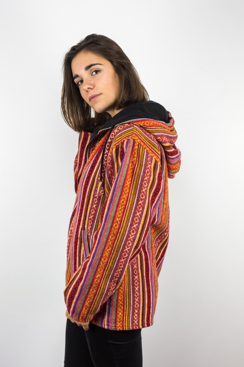 Orange Red Hippie Gheri Polar Fleece Jacket/ Traditional Nepalese Fabric Ethically Handmade Hippie Jackets at Himanepal 画像 1