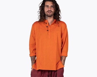 Orange Color Cotton Long Sleeve Shirt - Unisex Cotton Kurtha - Traditional Ethnic Design From Nepal -