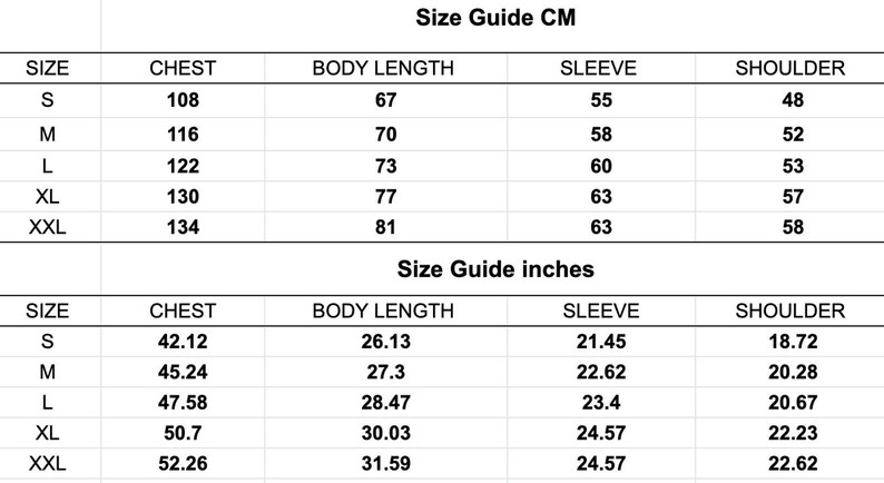 Puede incluir: Tabla de tallas en pulgadas y cent&iacute;metros para ropa. La tabla muestra la talla, el pecho, la longitud del cuerpo, la longitud de la manga y las medidas del hombro para las tallas S, M, L, XL y XXL.