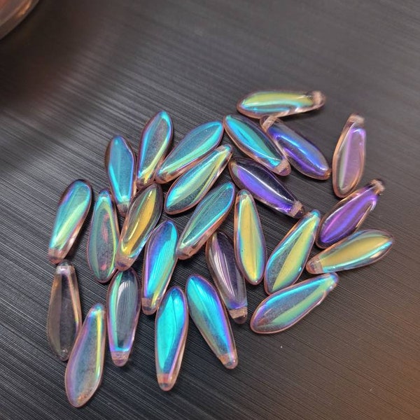 Amethyst crystal Iridescent Dagger Beads 15×6mm 25pc Glass