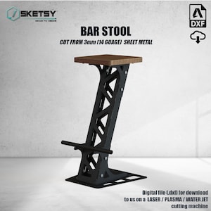 May include: A black metal bar stool with a wooden seat. The stool is made from 3mm (14 gauge) sheet metal and has a geometric design. The digital file (dxf) is for download to use on a laser, plasma, or water jet cutting machine.