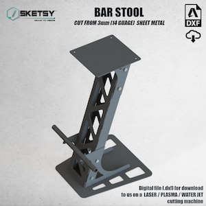 May include: A black metal bar stool with a simple, geometric design. The stool is made from 3mm (14 gauge) sheet metal and is cut from a digital file (dxf) for download. The stool is designed to be cut on a laser, plasma, or water jet cutting machine.